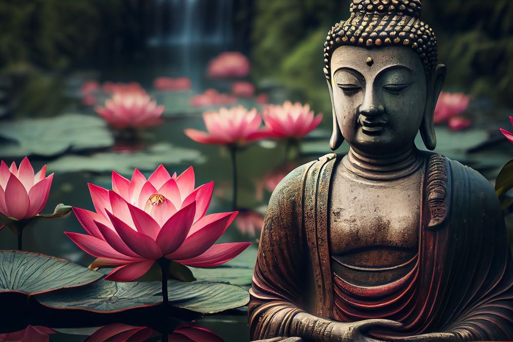 Statue de Bouddha au milieu de fleurs de lotus